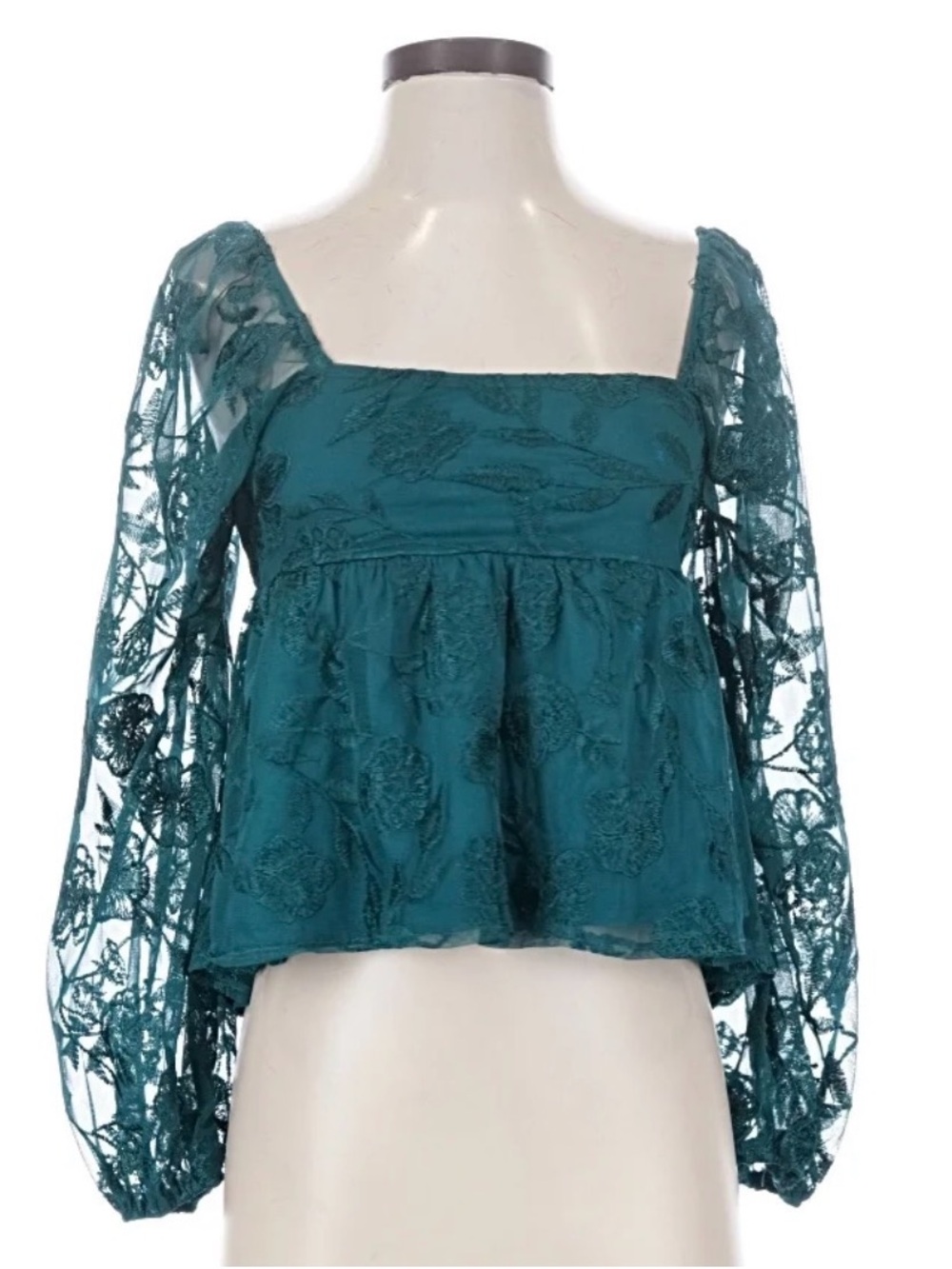 Altar'd State Teal Lace-Embroidered Square Neck Peplum Blouse